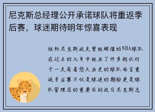 尼克斯总经理公开承诺球队将重返季后赛，球迷期待明年惊喜表现